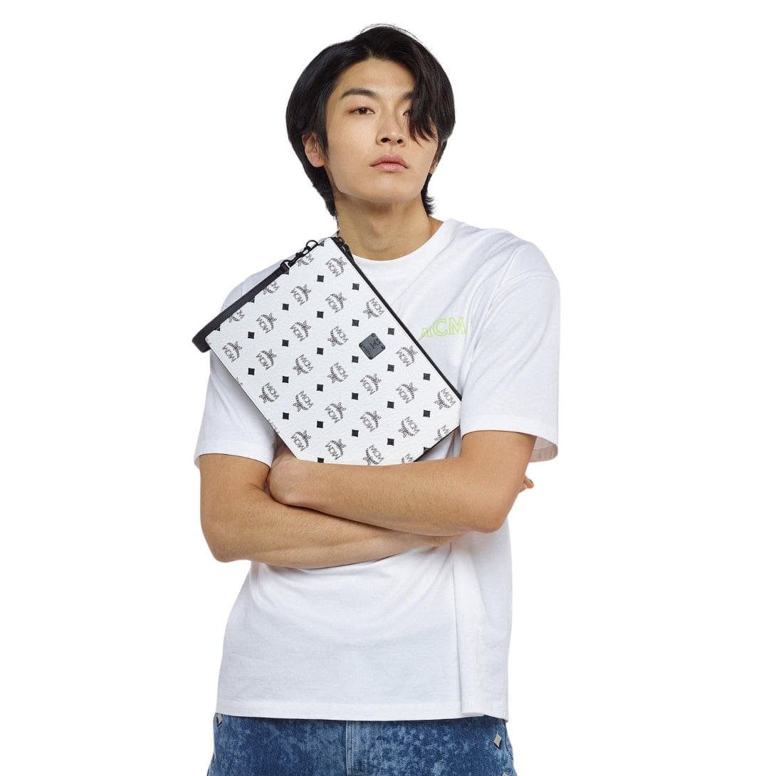 MCM MEDIUM AREN WRISTLET ZIP POUCH IN VISETOS WHITE - Image 7