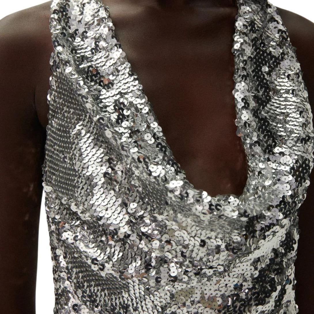 MAGDA BUTRYM COWL NECK SEQUIN TOP IN SILVER - Image 6