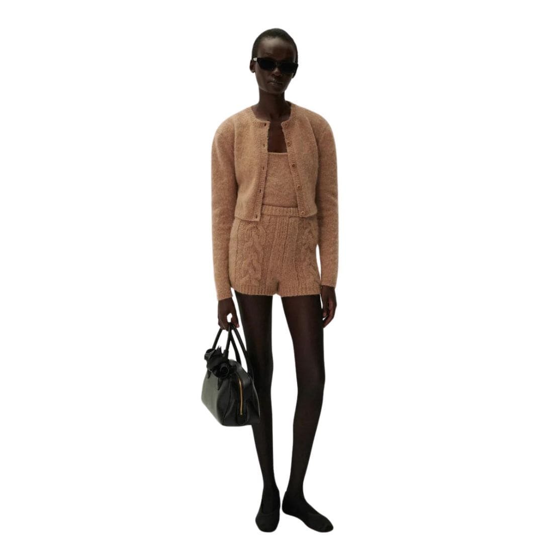 MAGDA BUTRYM MOHAIR CABLE KNIT MINI SHORTS IN CARAMEL - Image 3