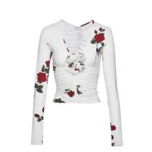 MAGDA BUTRYM RUCHED V NECK LONG SLEEVE JERSEY TOP IN WHITE PRINT