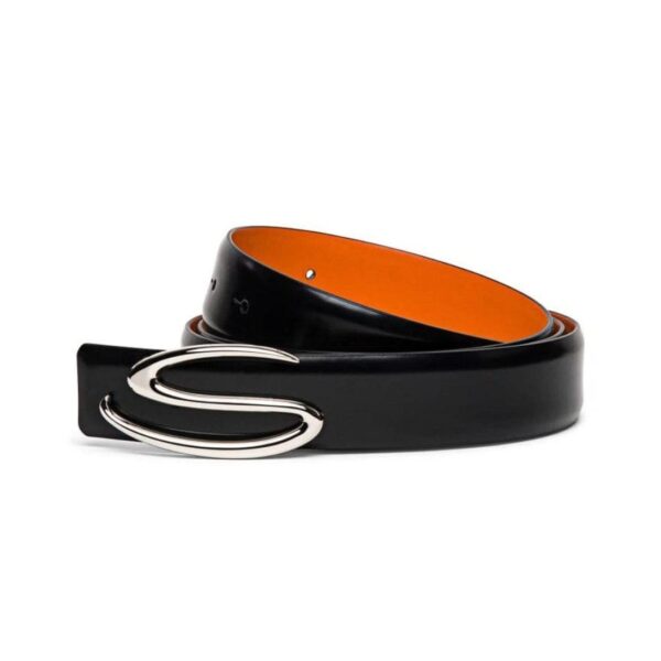 SANTONI MEN’S POLISHED BLACK LEATHER S BUCKLE BELT