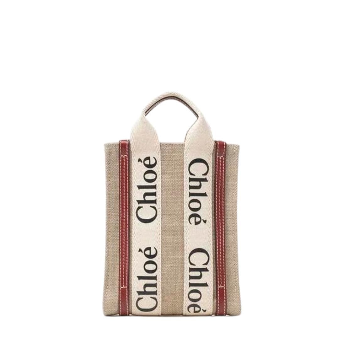 CHLOE MINI WOODY NORTH/SOUTH TOTE BAG IN LINEN WHITE & BROWN - Image 6