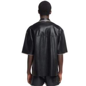 NANUSHKA MANCE RAFFIA-TRIMMED OKOBOR ALT-LEATHER JACKET BLACK