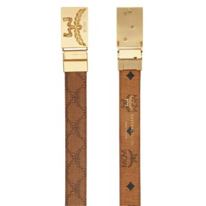 MCM HIMMEL BRASS PLATE REVERSIBLE MONOGRAM BELT COGNAC