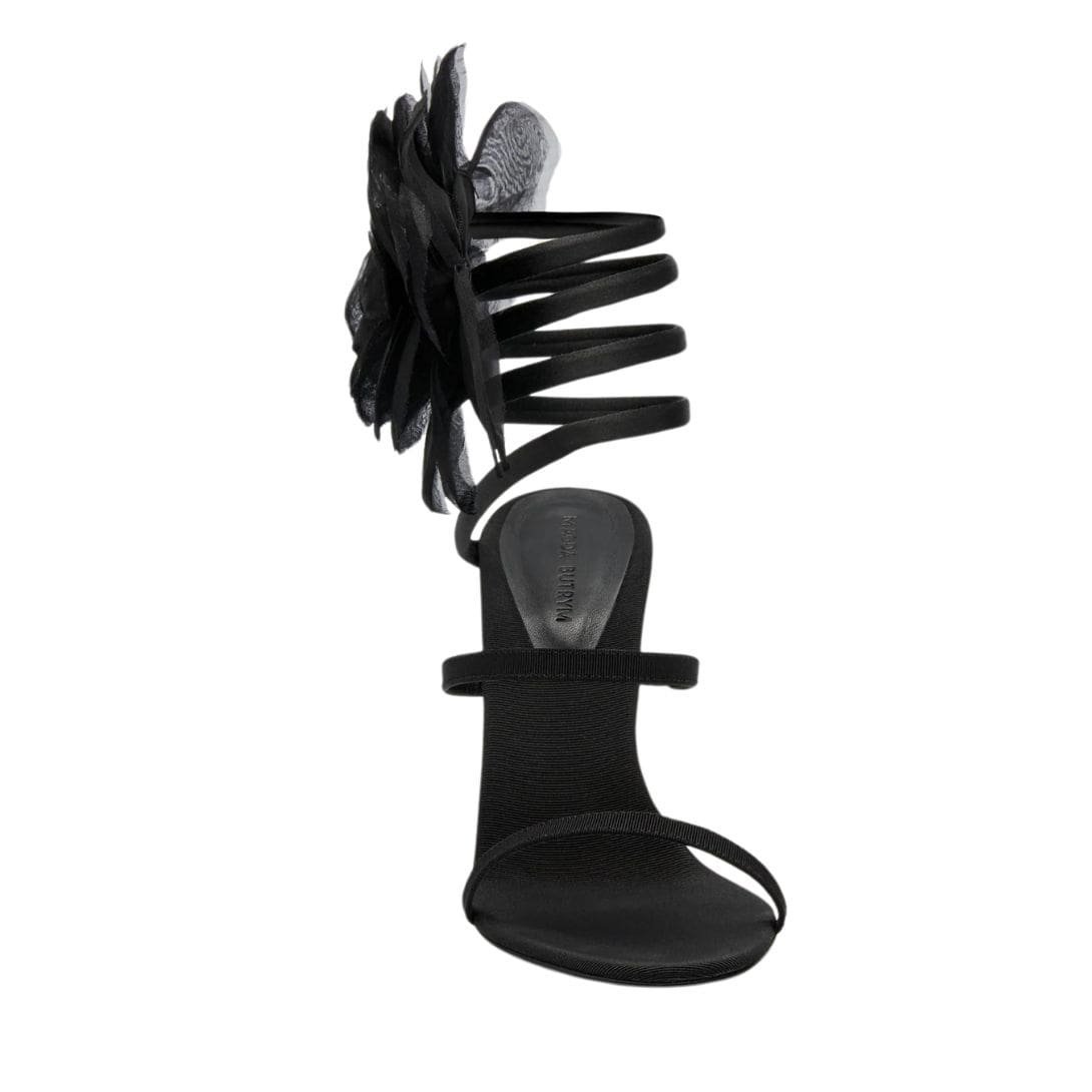 MAGDA BUTRYM SPIRAL SILK-ORGANZA FLOWER HEEL SANDALS IN BLACK - Image 3