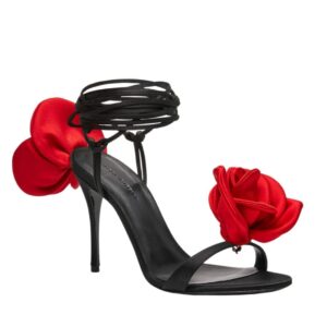 MAGDA BUTRYM DOUBLE RED FLOWER HEEL SANDALS IN BLACK SATIN