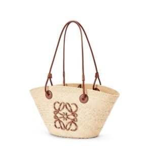 LOEWE SMALL ANAGRAM BASKET BAG IN IRACA PALM AND CALFSKIN