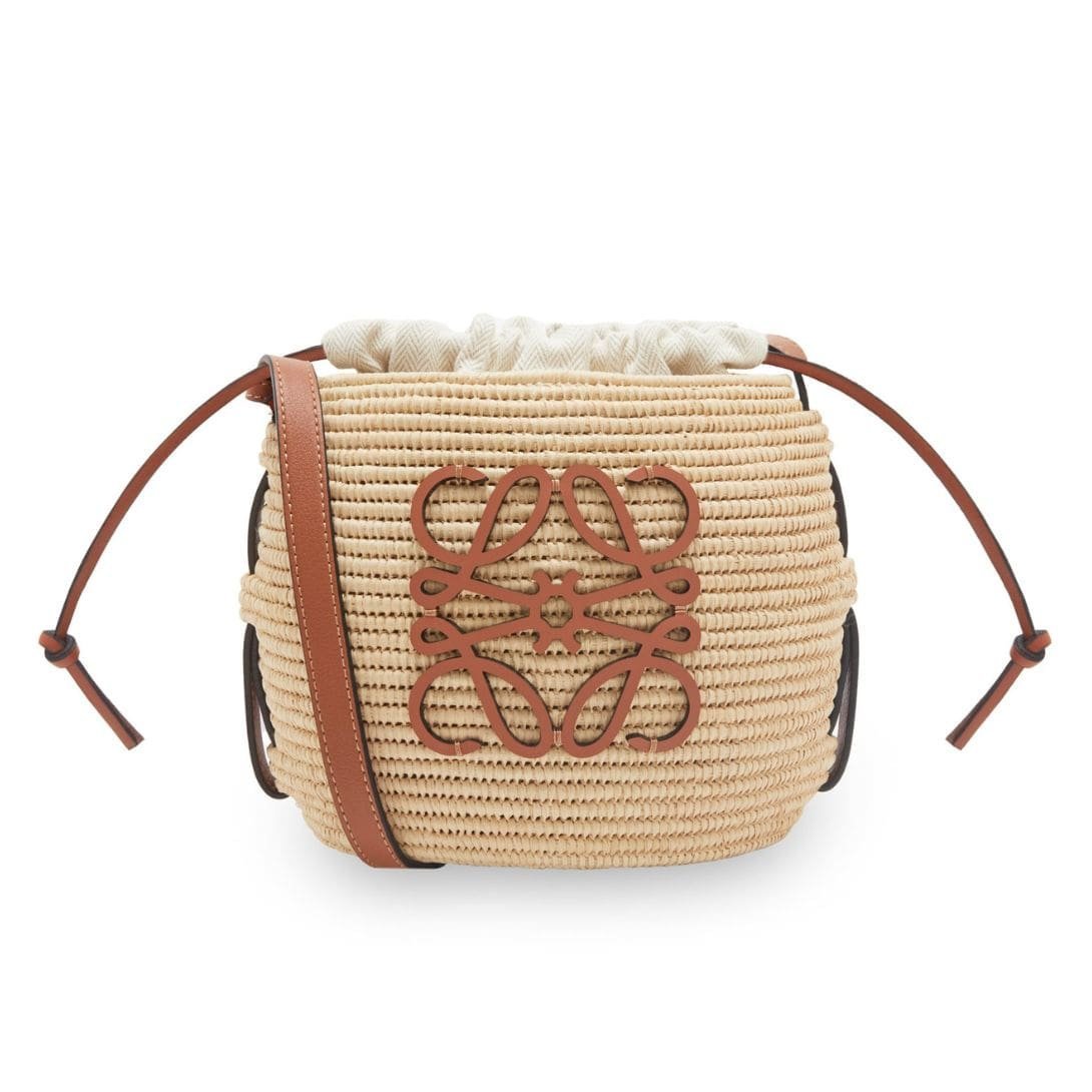 LOEWE BEEHIVE BASKET BAG IN RAFFIA AND CALFSKIN