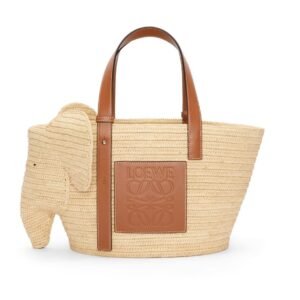 LOEWE SMALL ELEPHANT BASKET BAG IN RAFFIA AND CALFSKIN