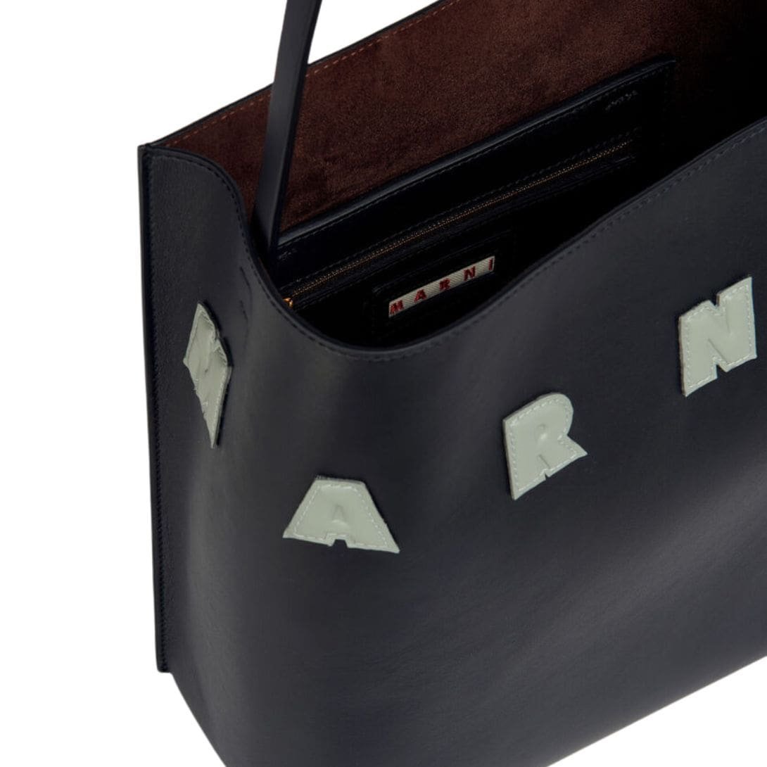 MARNI BLACK WHITE LEATHER MUSEO HOBO BAG WITH PATCHES - Image 2