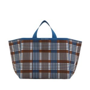 MARNI BLUE AND BROWN JACQUARD CHECK SILLO MEDIUM SHOPPER