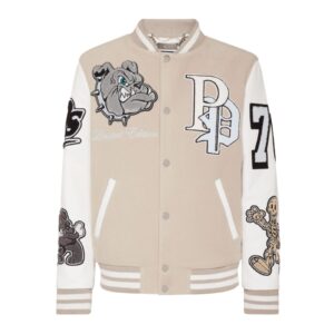 PHILIPP PLEIN WOOLEN CLOTH COLLEGE BOMBER WITH LEATHER ARMS BULLDOGS