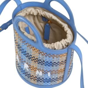 MARNI TROPICALIA SMALL BUCKET BAG IN LEATHER AND CHECKED RAFFIA EFFECT FABRIC