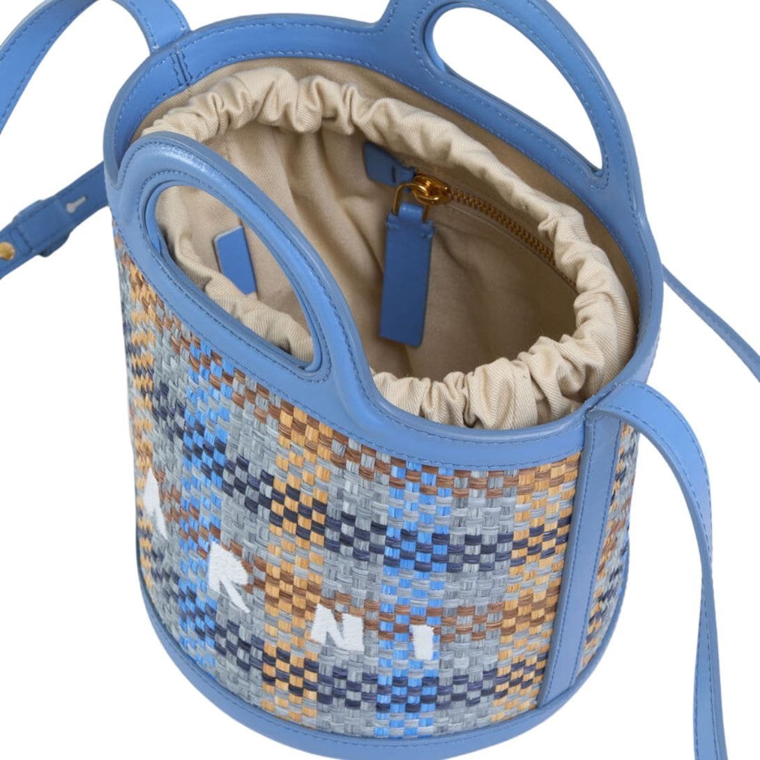 MARNI TROPICALIA SMALL BUCKET BAG IN LEATHER AND CHECKED RAFFIA EFFECT FABRIC - Image 2