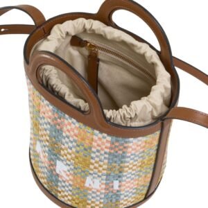 MARNI TROPICALIA SMALL BUCKET BAG IN LEATHER AND CHECKED RAFFIA EFFECT FABRIC