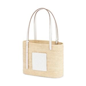 LOEWE SMALL SQUARE BASKET BAG IN RAFFIA AND CALFSKIN