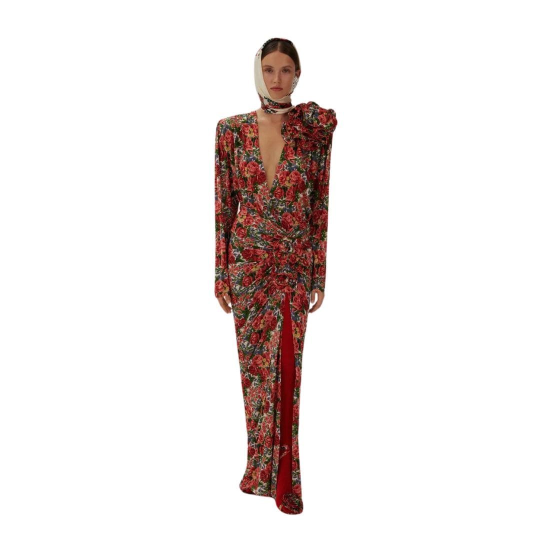 MAGDA BUTRYM CLASSIC JERSEY SHIRRED FLOWER BLOUSON IN RED FLORAL PRINT - Image 3