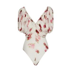 MAGDA BUTRYM RUCHED V NECK BODYSUIT IN CREAM PRINT