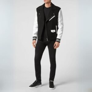 PHILIPP PLEIN WOOL AND LEATHER BIKER JACKET