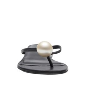 MAGDA BUTRYM FLAT THONG PEARL SANDALS IN BLACK LEATHER