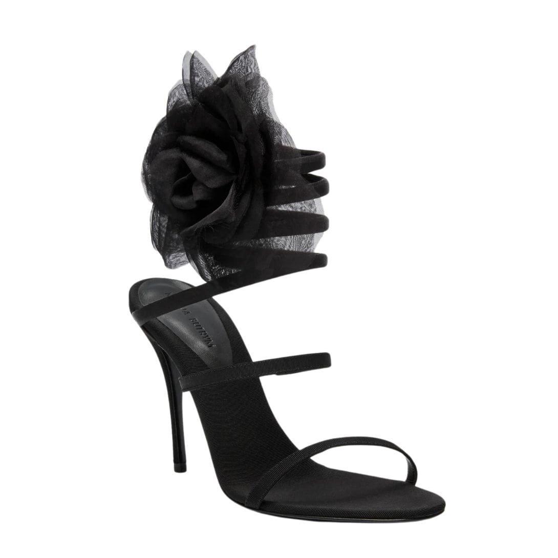 MAGDA BUTRYM SPIRAL SILK-ORGANZA FLOWER HEEL SANDALS IN BLACK - Image 2