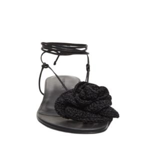 MAGDA BUTRYM WRAP AROUND FLAT FLOWER SANDALS IN BLACK CROCHET