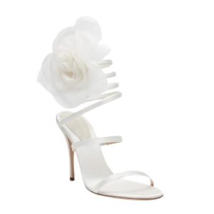 MAGDA BUTRYM SPIRAL SILK-ORGANZA FLOWER HEEL SANDALS IN CREAM