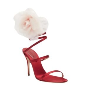 MAGDA BUTRYM SPIRAL SILK-ORGANZA FLOWER HEEL SANDALS IN RED SATIN