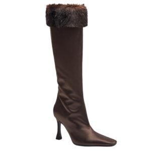 MAGDA BUTRYM TALL FAUX FUR SOCK BOOTS IN BROWN SATIN