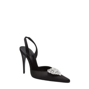 MAGDA BUTRYM HEART-EMBELLISHED SLINGBACK HEELS IN BLACK SATIN