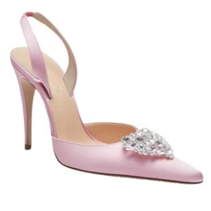 MAGDA BUTRYM HEART-EMBELLISHED SLINGBACK HEELS IN PINK SATIN