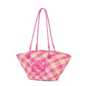 LOEWE SMALL ANAGRAM BASKET BAG IN IRACA PALM AND CALFSKIN