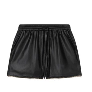 NANUSHKA AMIL RAFFIA-TRIMMED OKOBOR ALT LEATHER SHORTS BLACK