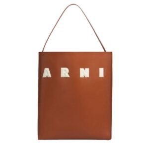MARNI BROWN AND WHITE LEATHER MUSEO HOBO BAG WITH PATCHES