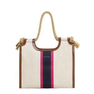 MARNI CREAM CANVAS MARCEL TOTE WITH STRIPED TAPE