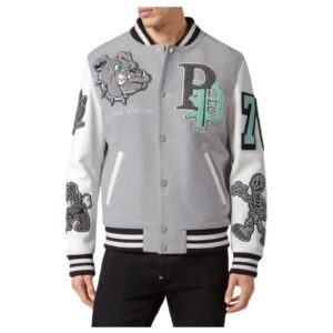 PHILIPP PLEIN WOOLEN CLOTH COLLEGE BOMBER WITH LEATHER ARMS BULLDOGS