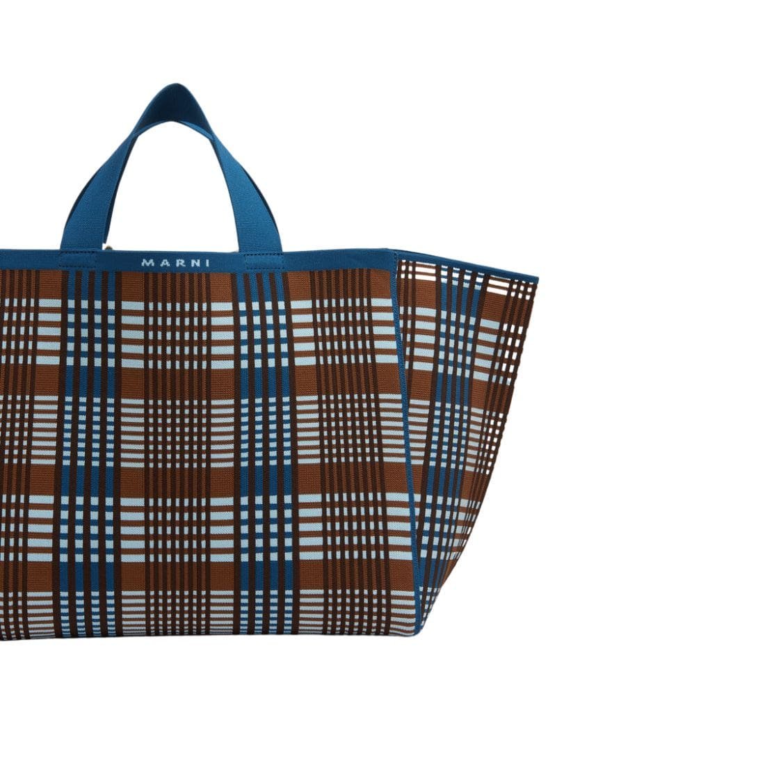 MARNI BLUE AND BROWN JACQUARD CHECK SILLO MEDIUM SHOPPER - Image 4