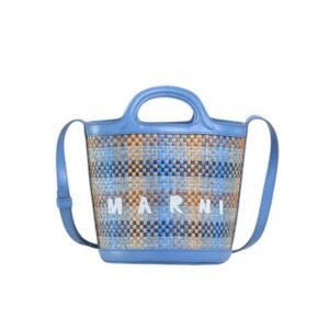MARNI TROPICALIA SMALL BUCKET BAG IN LEATHER AND CHECKED RAFFIA EFFECT FABRIC