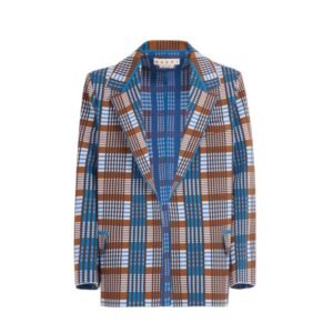 MARNI BROWN AND BLUE CHECKED TECHNO KNIT BLAZER