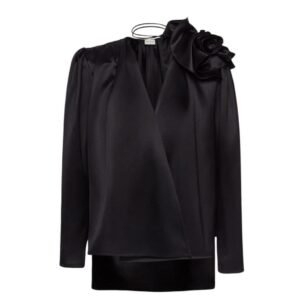 MAGDA BUTRYM CLASSIC SHIRRED FLOWER BLOUSE IN BLACK