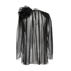 MAGDA BUTRYM CLASSIC SHIRRED FLOWER BLOUSE IN SHEER BLACK