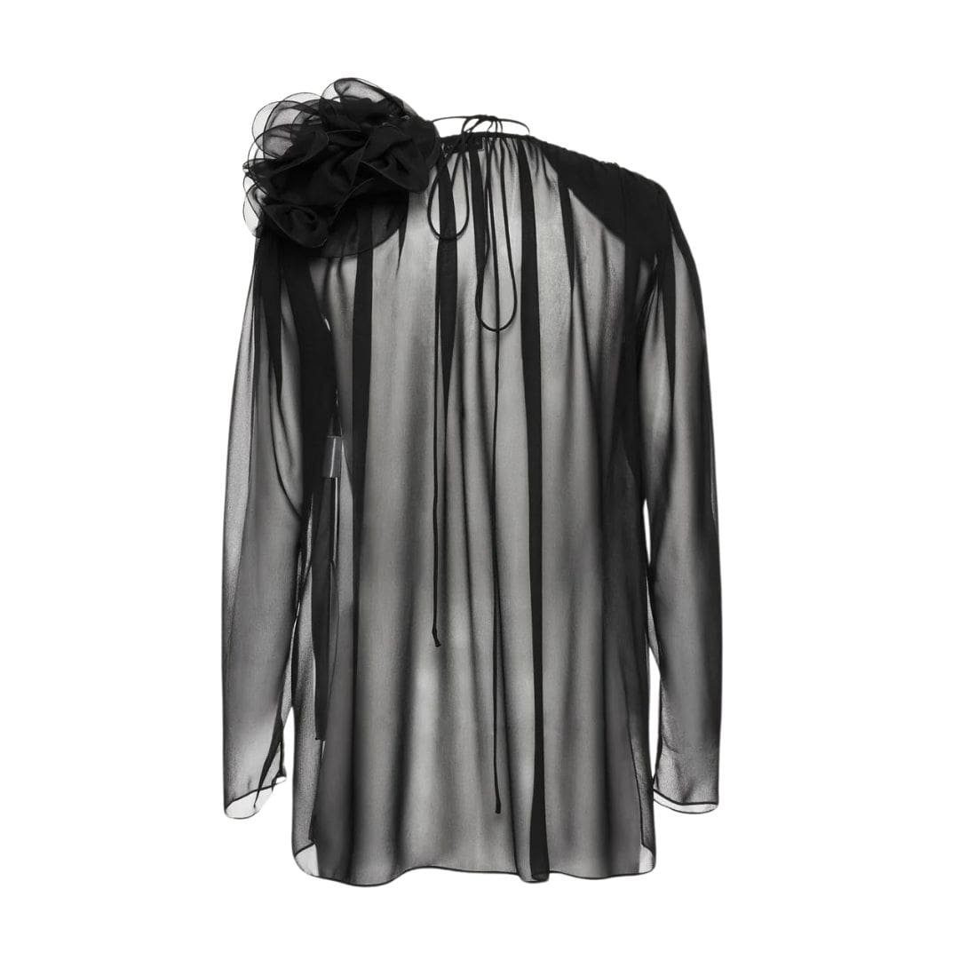 MAGDA BUTRYM CLASSIC SHIRRED FLOWER BLOUSE IN SHEER BLACK - Image 2