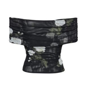 MAGDA BUTRYM OFF SHOULDER MESH TOP IN BLACK PRINT