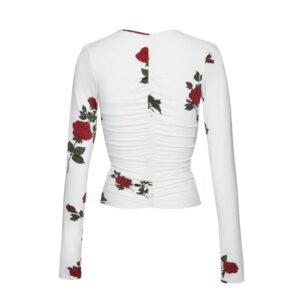 MAGDA BUTRYM RUCHED V NECK LONG SLEEVE JERSEY TOP IN WHITE PRINT