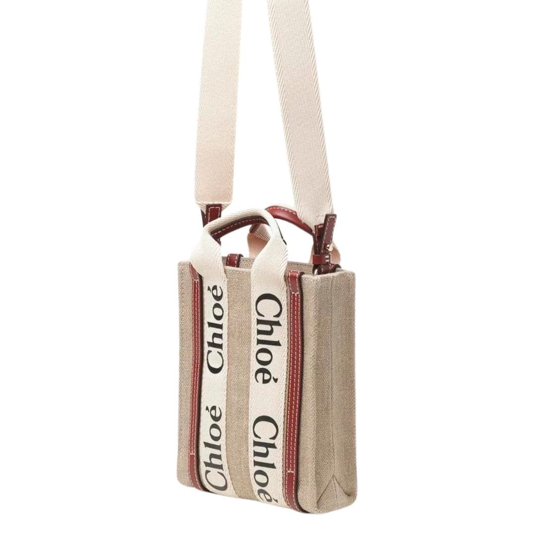 CHLOE MINI WOODY NORTH/SOUTH TOTE BAG IN LINEN WHITE & BROWN - Image 4
