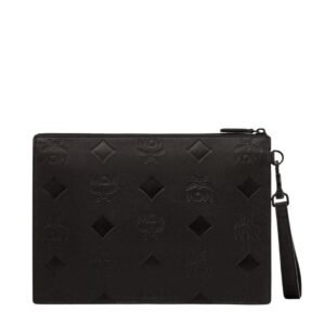 MCM AREN WRISTLET ZIP POUCH IN MAXI MONOGRAM LEATHER BLACK