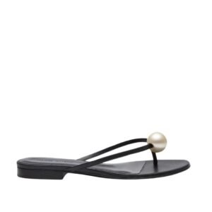 MAGDA BUTRYM FLAT THONG PEARL SANDALS IN BLACK LEATHER