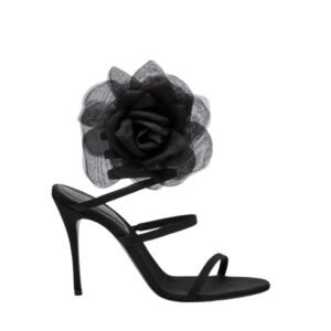 MAGDA BUTRYM SPIRAL SILK-ORGANZA FLOWER HEEL SANDALS IN BLACK