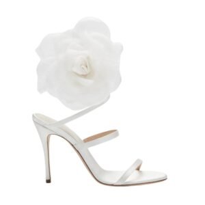MAGDA BUTRYM SPIRAL SILK-ORGANZA FLOWER HEEL SANDALS IN CREAM
