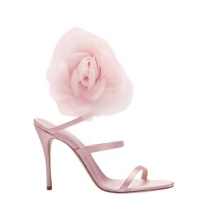 MAGDA BUTRYM SPIRAL SILK-ORGANZA FLOWER HEEL SANDALS IN PINK